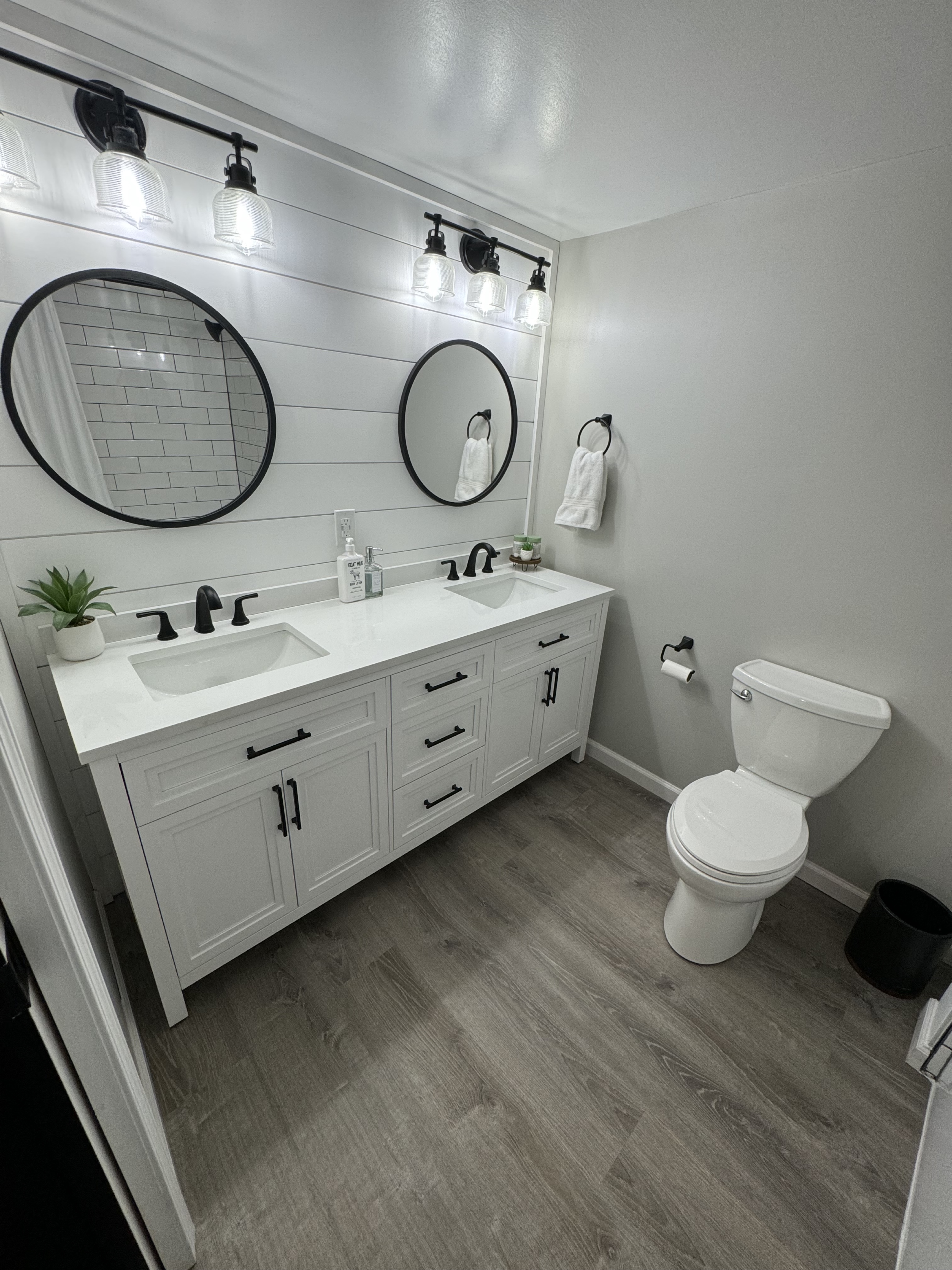Renovated bathroom with double vanity